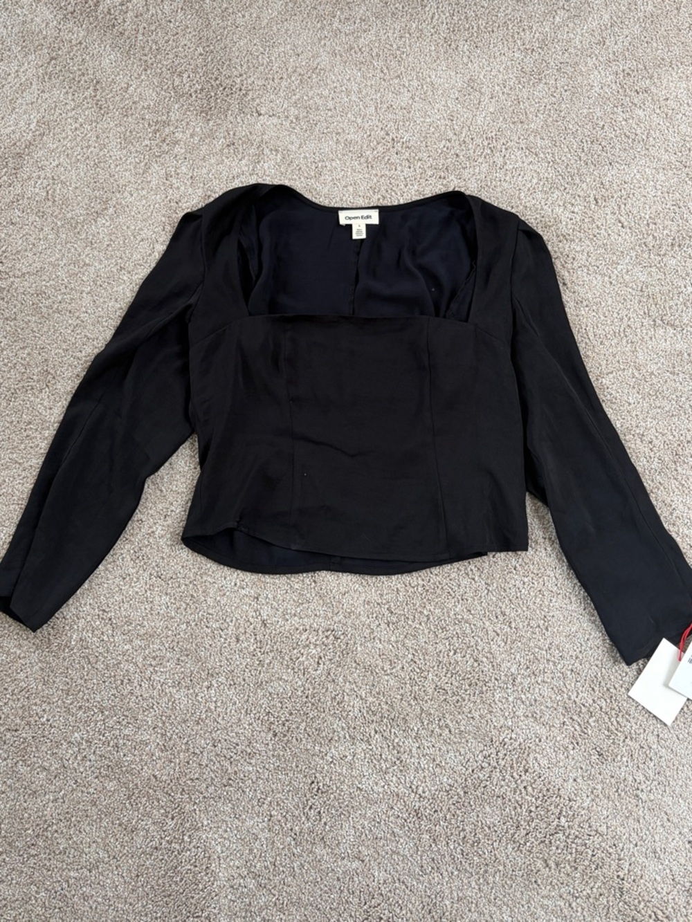Open Edit Black Long-Sleeve Square-Neck Crop Top